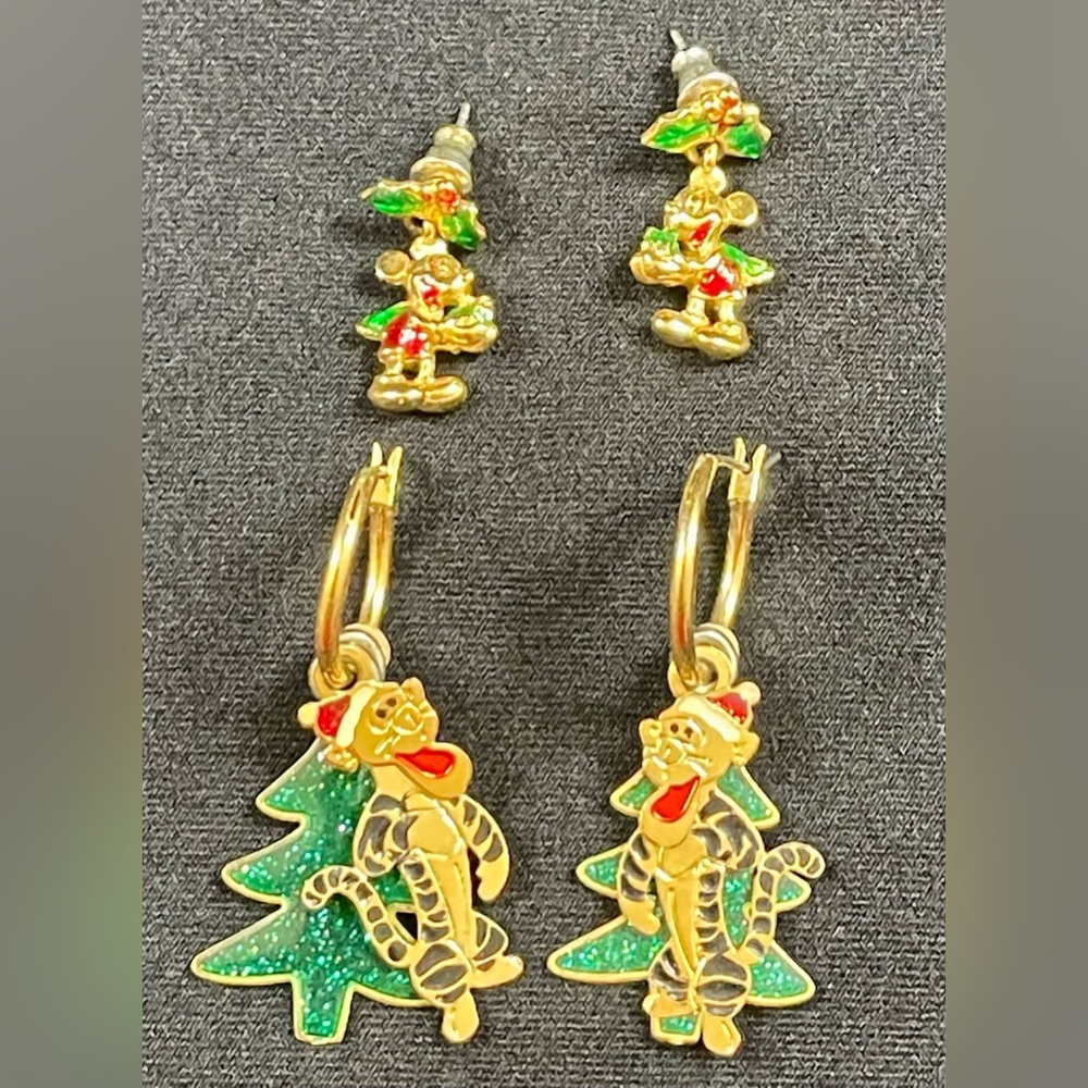 Vintage Disney Store Gold Christmas Earrings - 2 Pr. - Tigger & Mickey Mouse